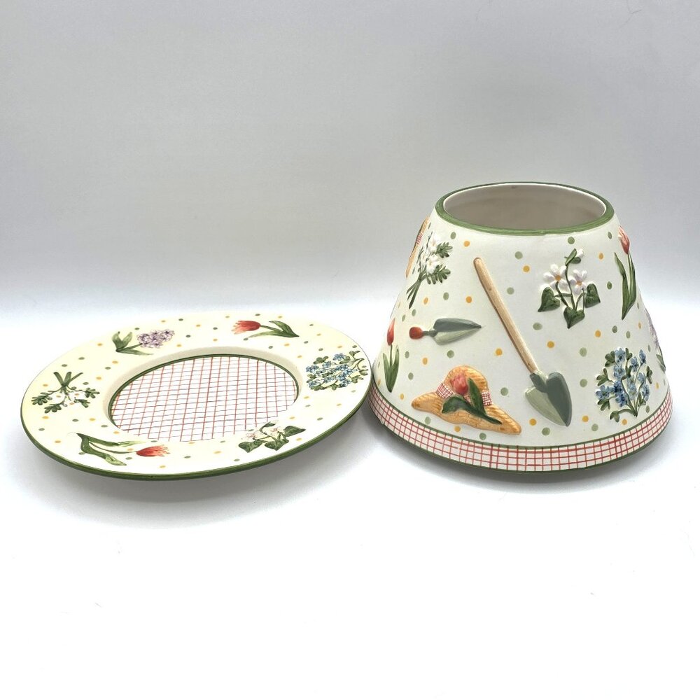 YANKEE CANDLE Garden Flowers and Tools Themed Large Ceramic Jar Shade Plate Pics
